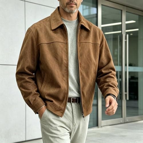 Mens Faux Suede Jacket Full Zip Jackets Turn Down Collar Coat — view 5