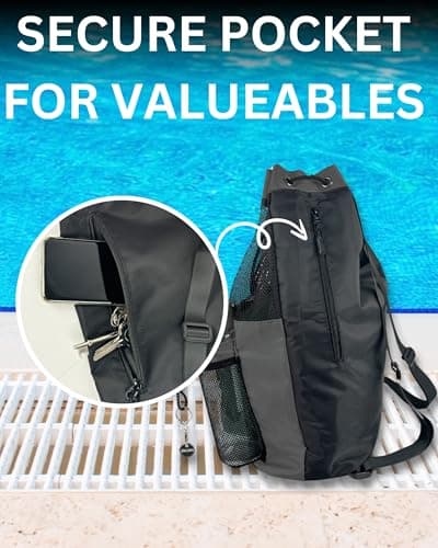 JIMJOOS Drawstring Mesh Swimming Bag - 25L Waterproof Swim Bag with Wet/Dry Compartment, Multifunctional Sports Backpack for Kids, Adults, Swimming, Surfing, Beach, Gym (Black) — view 3