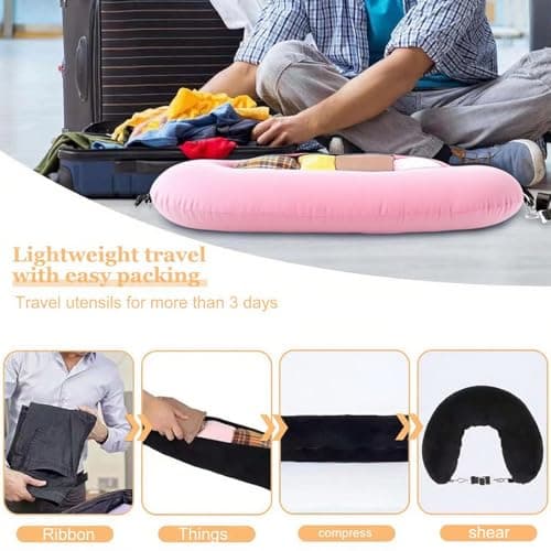 Stuffable Neck Pillow for Travel, 80 * 18.5cm Stuffable Travel Pillow with Adjustable Straps, Travel Pillow Stuffable with Clothes, Neck Pillow Stuffable for Extra Luggage Travel Essentials(Pink) — view 4