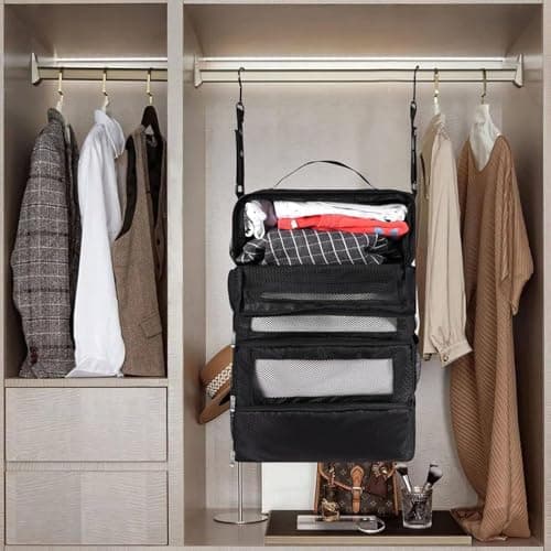 Hanging Compression Packing Cubes, Portable Travel Hanging Organiser, 4-Shelf Foldable Wardrobe Storage, Mesh Packing Cubes for Backpack, Camping, Cruise Essentials (black) — view 2
