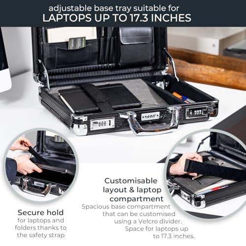 HMF Aluminium Briefcase for Laptop up to 17.3 Inches, Men's Business Briefcase with Combination Lock, Padded Laptop Compartment and Organiser in the Lid | 45 x 33 x 11 cm | Black — view 6