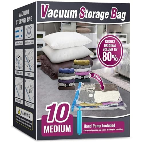 Oumaru Vacuum Storage Bags for Clothes, Vacuum Bags, Space Saver Bags for Clothes, Duvets and Pillows, Hand Pump Included, Pack of 10, Medium Size