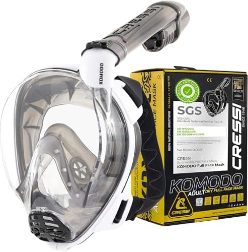 Cressi Komodo Full Face Dry Snorkelling Mask - 180° Panoramic View Snorkelling Mask - Dry Side Snorkel & Adult Snorkel Set - CO2 Safe Silicone Skirt & Scuba Equipment - White/Black - M/L