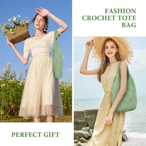 Aucuu Women Knitted Handbags, Retro Hollow Woven Shoulder Bags, Boho Shoulder Bag, Crochet Mesh Tote Bag, Beach Bag for Women, Travel Shopping Handbag for Holiday, Daily Work, Shopping, Travel-Green — view 2
