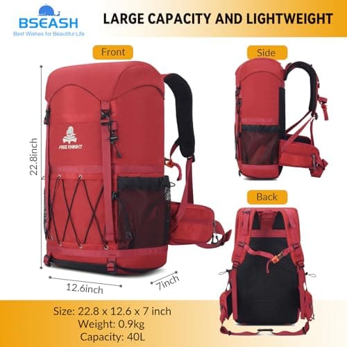 Bseash 40L Waterproof Hiking Backpack with Rain Cover, Outdoor Sport Travel Bag Daypack for Camping Climbing Cycling Skiing (Red) — view 2