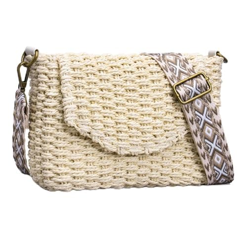 Toptime Straw Bag for Women, Small Summer Crossbody Bag with Zipper, Handmade Woven Boho Shoulder Bags with Adjustable Wide Strap, Stylish Beach Straw Handbag for Holiday Travel Vacation Shopping