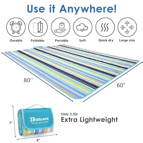 Brillirare Beach Picnic Blanket, Large Sandfree Waterproof Camping Blankets, Foldable Sandproof Oxford Mat, Oversized Packable Family Outdoor Mats for Camping Park Travel Grass Concert-Blue — view 2