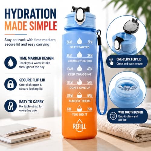 900ml Water Bottle with Straw, Sports Water Bottle with Time Marker, BPA Free Plastic Drinking Bottle, Leak Proof Gym Bottle for Men & Women, Running Water Bottle for Fitness, Outdoor Hydration — view 2