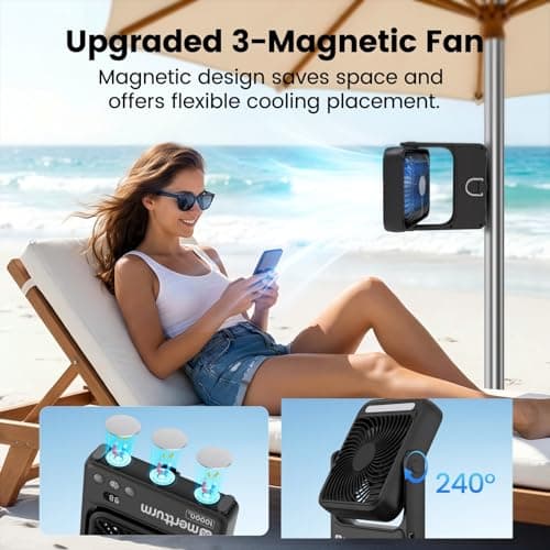 MERTTURM Magnetic Cruise Desk Fan, 10000mAh USB Rechargeable Portable Travel Table Fan with 27H Runtime&4-Speed&Timer&Night Light&Hook&LED Display, Ultra-Silm Quiet Camping Fan for Home/Outdoor/Cruise — view 3