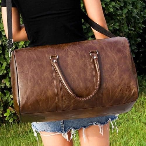 M.J COMFY-LIFE Vintage Leather Duffle Bag for Travel Gym & Weekend - Large Capacity Waterproof Holdall, Adjustable Shoulder Strap - Unisex Carry On Bag for Men Women (48×28×27cm) (Brown) — view 5