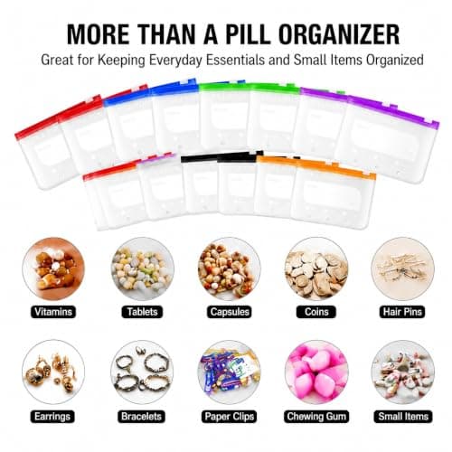 Travel Pill Organiser, Portable Silicone Medicine Storage Bag with 14 Colour Coded Pill Pouches, Black Water-Resistant PU Binder Case for Tablets, Vitamins, Work & Trips (Black) — view 4