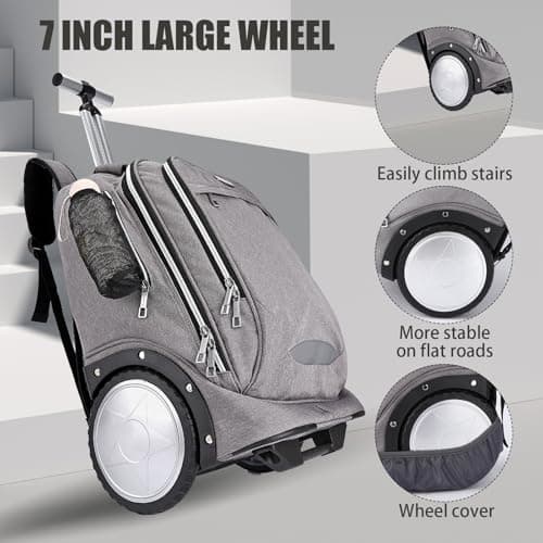 Rolling Backpack with 7 Inch Large Wheels, Double Reinforce Telescoping Handle,Easy Going Up and Down Staircase, Carry-on Backpack with Laptop Compartment for Business and Travel Commuter Grey — view 3
