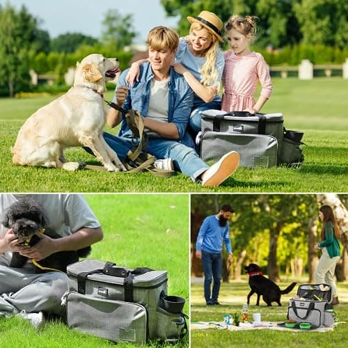 pecute Dog Travel Bag Large, Portable for Travel, Pet with Multi-Function Pockets, Tote Organizer Outdoor use Set 2 Food Bags + Collapsible Bowls, Grey — view 2