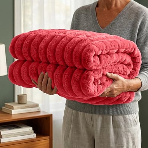 Casabella Throw Blanket - Ribbed Fleece Blanket - Soft Fluffy, Warm & Cosy Sofa Throw - Large Fleece Blanket for Sofa Bed, Couch, Bedding - King Size 200x240 - Red