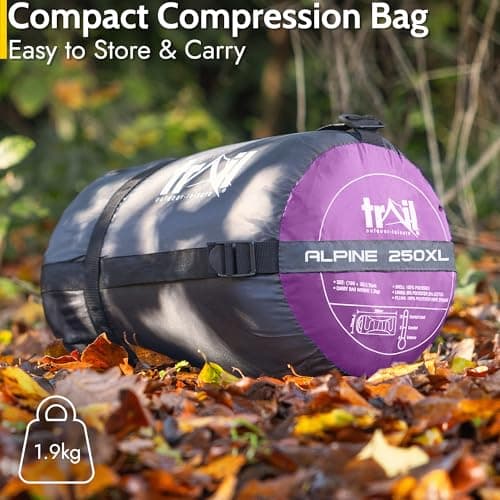 Trail Alpine 250 XL Sleeping Bag with Hood (L230cm x W100cm), Large Extra Wide Envelope Sleeping Bag, 2 to 3 Season Camping, Lightweight, Water Resistant, Polycotton Liner, Compression Bag (Purple) — view 6