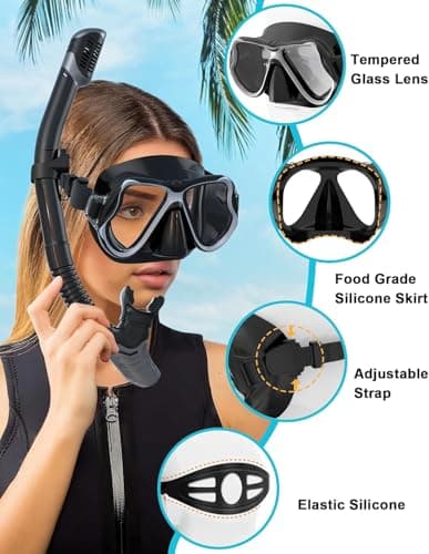 Karvipark Snorkel Set Adults, Anti-Fog Panoramic Wide View Diving Mask, Dry Snorkelling Set for Snorkelling, Diving, Swimming (Black) — view 5