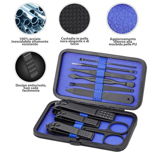 Glamne Manicure Set Nail Clippers Kit Professional Stainless Steel Nail Care Tools with Leather Travel Case 10 in 1 Blue — view 3