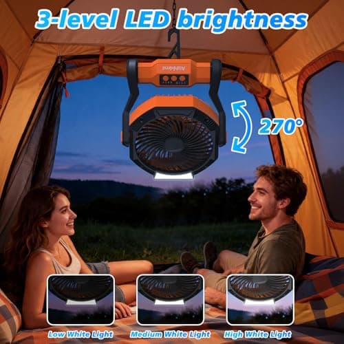 Aishkimo Portable Camping Fan with LED Light, 10000mAh Rechargeable Tent Fan with Hanging Hook, 4-Speed Adjustable Outdoor Fan for Picnic, BBQ, Fishing, Travel - Orange — view 4