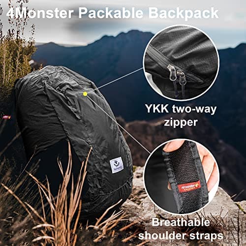 4Monster Packable Backpack Ultra Lightweight, Foldable Backpack Water Resistant, Hiking Daypack for Travel Camping Outdoor, Daily Walk-around, Cycling, Sports, Excursions(Black, 32L) — view 5