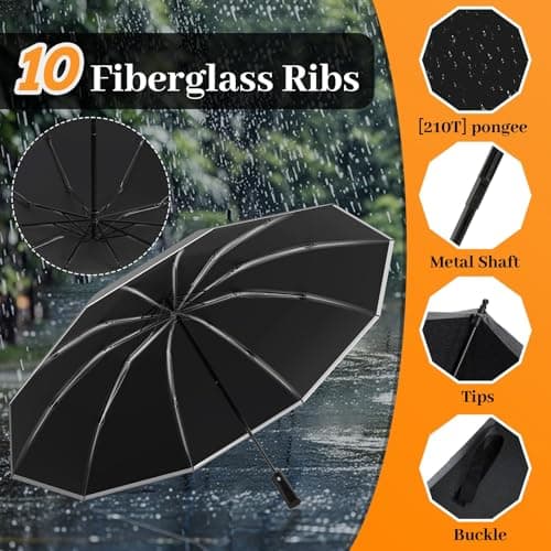 ExploreBliss Travel Umbrella Superior, Beautiful & Compact, Large Strong but Light Portable and Automatic Folding Rain Umbrella, Premium Grip, Fits Car & Backpack, Black, 46inch, Compact — view 5