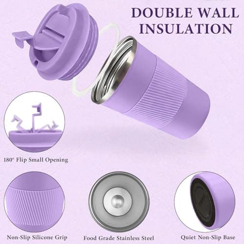 AidShunn Travel Mugs, 380ml Insulated Coffee Cup with Leakproof Lid - Reusable Double Walled Coffee Mug, Stainless Steel Thermal Cup for Hot Cold Drinks, Water and Tea (Purple) — view 3