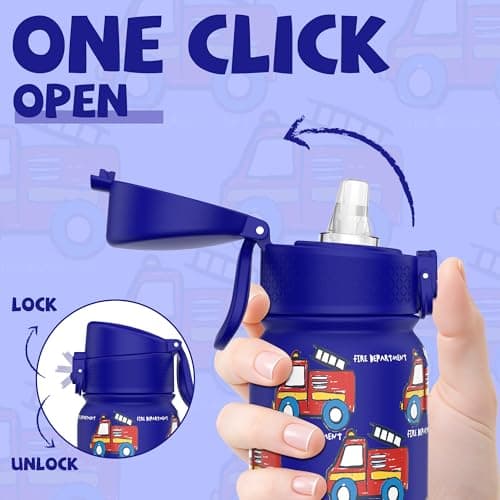 GOPPUS 350ml/12oz Kids Stainless Steel Water Bottle with Straw Toddler Drinks Bottle with Handle Small Insulated Bottles School Cold Metal Flask with Flip Top Lid BPA Free (Blue Fire Engine) — view 3