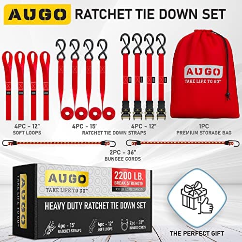 AUGO Ratchet Tie Down Straps –4 PK– 4.5m – 1000 KG Break Strength – Safety Lock S Hooks –for Moving Cargo, Appliances, Lawn Equipment, Motorcycle – Includes 2 Bungee Cords, 4 Soft Loops, Storage Bag — view 5