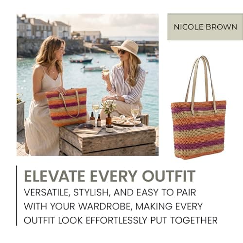 Nicole Brown Women's Straw Tote Bag Blue Multi – Woven Summer Beach Bag with Zip Closure & Interior Pocket, Lightweight Holiday Shoulder Shopper for Travel, Shopping & Beach Days — view 4