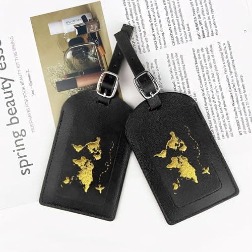 Aieino 2 Pack Luggage with Name ID Card Tags Black PU Leather Gold Pattern — view 6