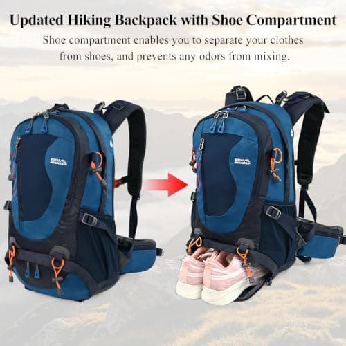 Hiking Backpack 35L, Waterproof Travel Rucksack with Shoe Compartment, Blue — view 4