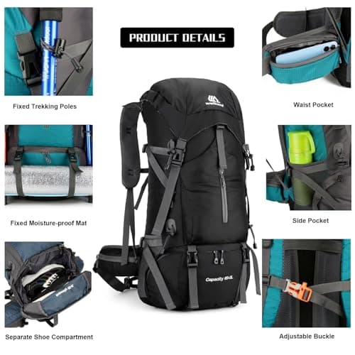 NTUOCAW 70L Hiking Backpack with Rain Cover Large Trekking Backpack for Men Women Waterproof Camping Rucksack Lightweight Backpacking for Outdoor Sports Travel Hiking Cycling Climbing Mountaineering — view 3