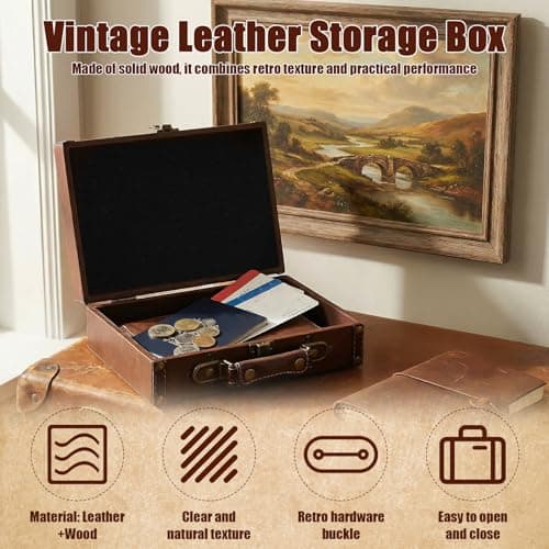 Zhjiutak Vintage Leather Suitcase, 26x21x10cm Retro Leather Trunk Luggage,Decorative Prop Luggage Portable Wooden Storage Carrying Case PU Leathers Storage Box for Storing Clothes Jewelry(large) — view 6
