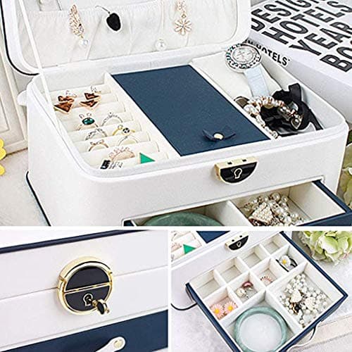 OZBMA Jewellery Organizer for Women Multi-Layer Travel es with Mirror and Lock Earrings Necklaces Rings Bracelet Boxes (25X18.5X13.5cm) (Color : Blue) (White) (White) — view 5