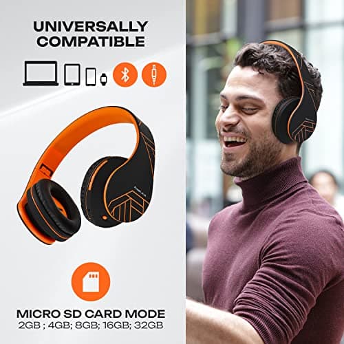 PowerLocus Bluetooth Over-Ear Headphones, Wireless Stereo Foldable Headphones Wireless and Wired Headsets with Built-in Mic, Micro SD/TF, FM for iPhone/Samsung/iPad/PC - Black/Orange — view 3