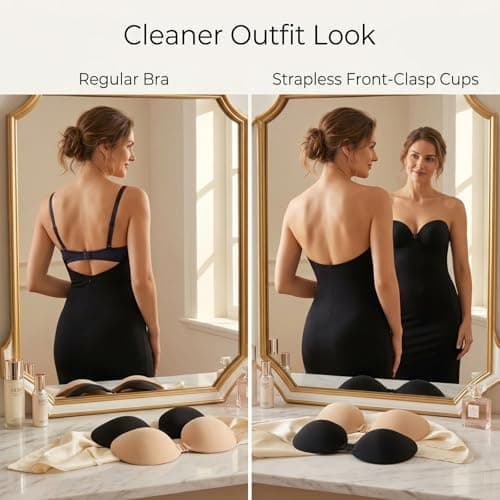 GEEKPC 4 Pcs Strapless Push Up Adhesive Bra with Front Clasp, 3D Cups, Reusable Silicone Invisible Bras for Backless Dresses, Weddings, Parties & Travel (2 Black D + 2 Nude D) — view 6