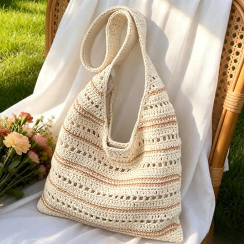 unisoul Striped Knitted Beach Bag for Women，Crochet Tote Bag with Zipper and Lining, Boho Summer Shoulder Bag for Holiday Travel, Lightweight Aesthetic Mesh Handbag, Foldable Shopping Bag, Khaki — view 3