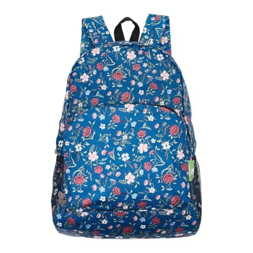 ECO CHIC Lightweight Foldable Water Resistant Backpack Rucksack Folds into Pouch for Storage (Floral Navy)