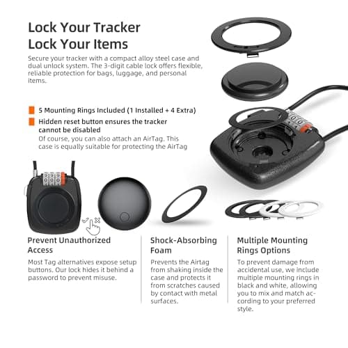 [Apple MFi Certified] iOS Tracker Tag & Holder with Combination Lock, Compatible with Apple Find My AirTag, Air Tag Holder Luggage Lock, for Backpack, Bag, Suitcase (Black + Black Tracker) — view 2