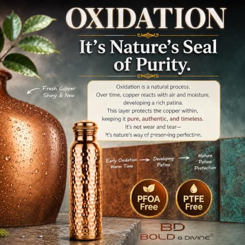 Bold & Divine Premium 32oz Pure Copper Hammered Water Bottle for Drinking - Ayurvedic Health Benefits - Handcrafted Copper Water Vessel - Leak-Proof Design, Rust-Free - Bonus Canvas Carry Bag — view 2