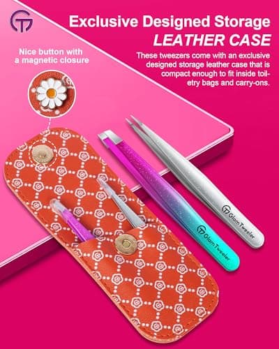 Expert Slant and Point Tip Tweezer Set with Exclusive Travel Case, GlamTweeler Sharp & Precision Tweezer Set for Eyebrows, Facial Hairs & Fine Hairs Removal (Sparkle Purple & Turquoise + Silver) — view 6