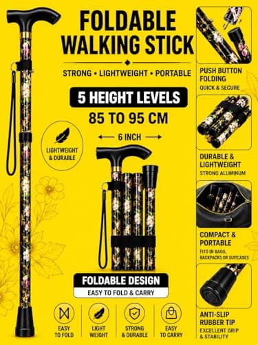 ZallyX Foldable Walking Sticks for Men & Women, 85–95cm Adjustable Ladies Walking Stick, Mobility aids, Collapsible walking stick For Elderly Adults (Black Flower) — view 4