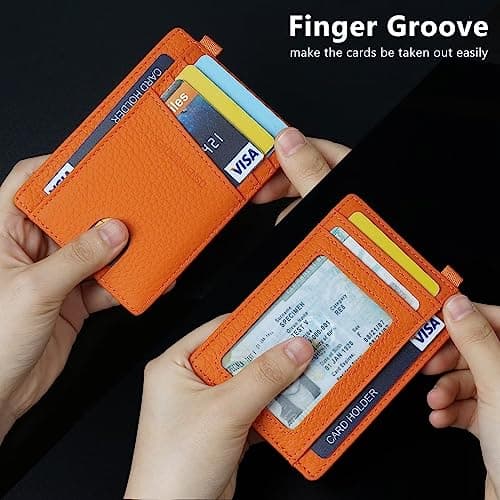 GADIEMKENSD Minimalist Genuine Leather Credit Card Holder RFID Blocking Light Slim Wallet with D-Loop for Lanyard Key Compact Bus Pass Purse for Men Women Business Travel Orange — view 3