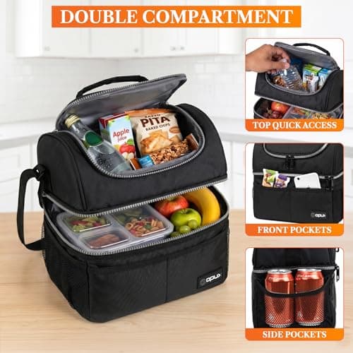 opux Insulated Lunch Bag for Men Women, Double Decker Leakproof, Black — view 5