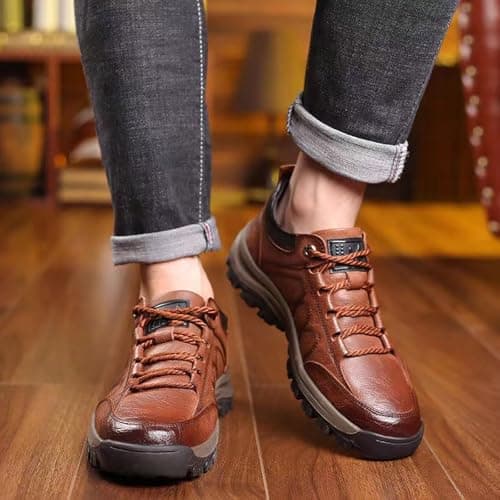 Leather Walking Shoes Men Lace Up Hiking Trainers Non-Slip Trekking Sneakers Wide Fit Mountain Trainers Low Rise Camping Sneakers Waterproof Backpacking Climbing Shoes Footwear Outdoor Coffee — view 2