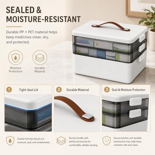 Refein Large Medicine Storage Box 3 Tier with Lock - First Aid Box Organiser for Home Car Travel, Portable Medication Storage Container with Handle & Secure Lid — view 6