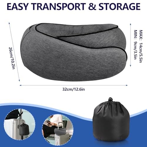 Vutlace Travel Pillow with Hood, 360° Memory Foam Neck Pillow Set, Orthopedic Pillow, Travel Essentials for Flying, Kit with 3D Contoured Sleep Mask, Head & Neck Relief, Earplugs and Mesh Bag (Grey) — view 4