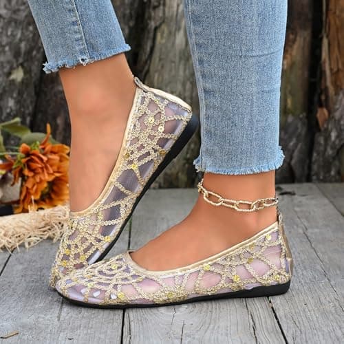 Mesh Ballet Flats for Women Pumps Orthopedic Sequins Dolly Shoes Wide Fit Round-Toe Non-Slip Breathable Summer Ladies Shoes Walking Office Holiday (Gold 7.5 UK/Foot Length 26.5cm) — view 4