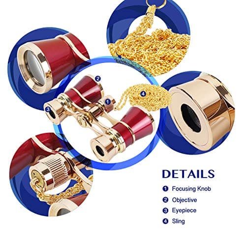 Aomekie Theatre Opera Glasses Binoculars 3X25 with Chain for Concerts Horse Racing Classical (Red) — view 6