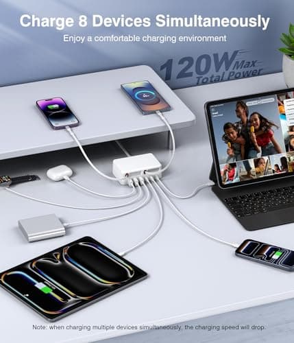 120W USB C Fast Charger with Dual Retractable Cables,8-in-1 Retractable USB Plug UK Charging Station,Travel Essentials Multiport USB Power Hub for iPhone 17 16 15 14,iPad,5ft Cord — view 2