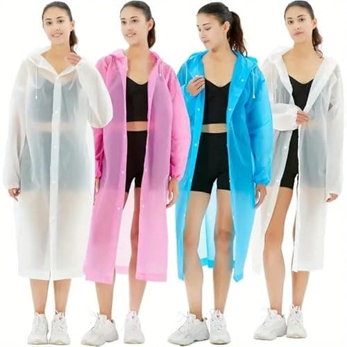 Boolavard 4pcs Heavy-Duty Plastic Rain Ponchos for Adults - Reusable Full-Coverage Hooded Poncho with Drawstring, Unisex Family Pack for Outdoor, Travel
